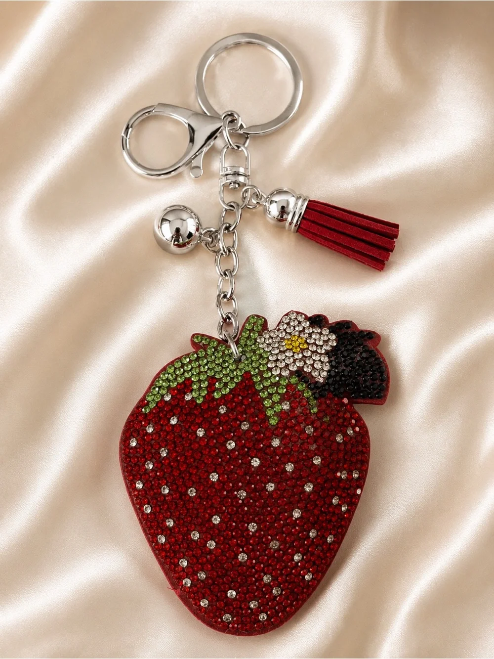 Red Strawberry Bag Charm Keychain 3D Crystal Tassel Purse Charm